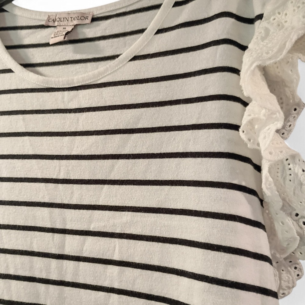 Carolyn Taylor Women's Ruffle Sleeve White And Black Striped Tank Top Size XL - Picture 4 of 6